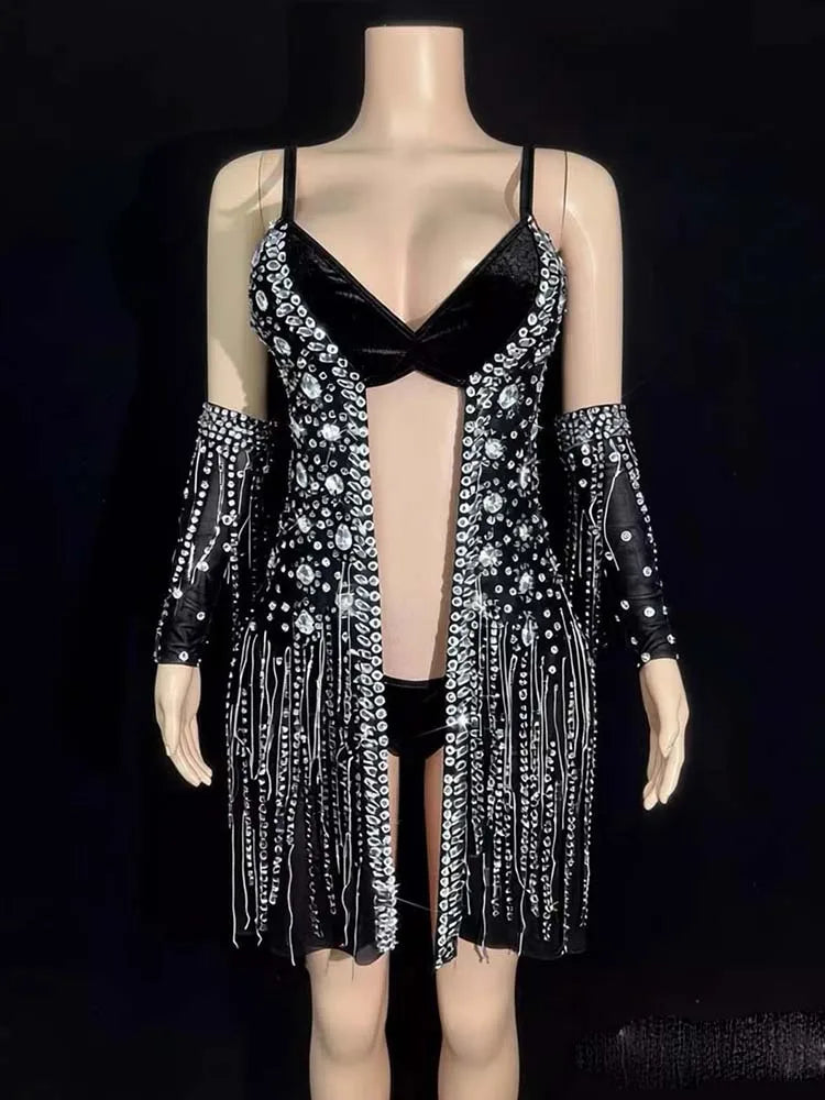 Women's Hot Stamping Fringe Suspender Jumpsuit | Sexy Stage Costume in Red & Black