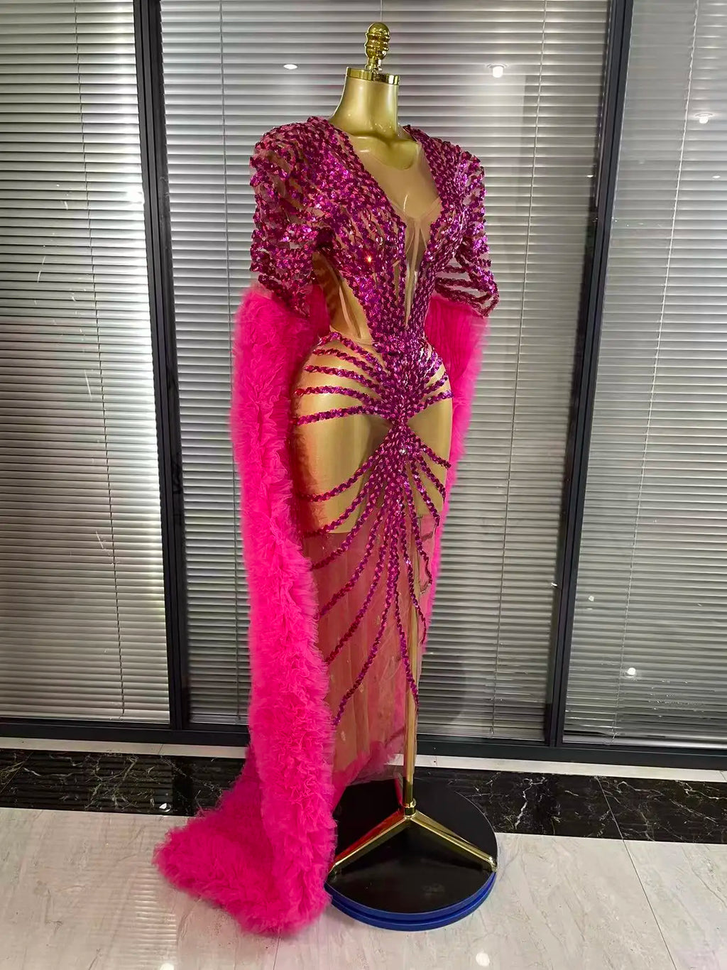 Women Cloak Sleeve Shining Sequins Mesh Ruffles Long Loose Dress Celebrate Performance Costumes Stage Wear