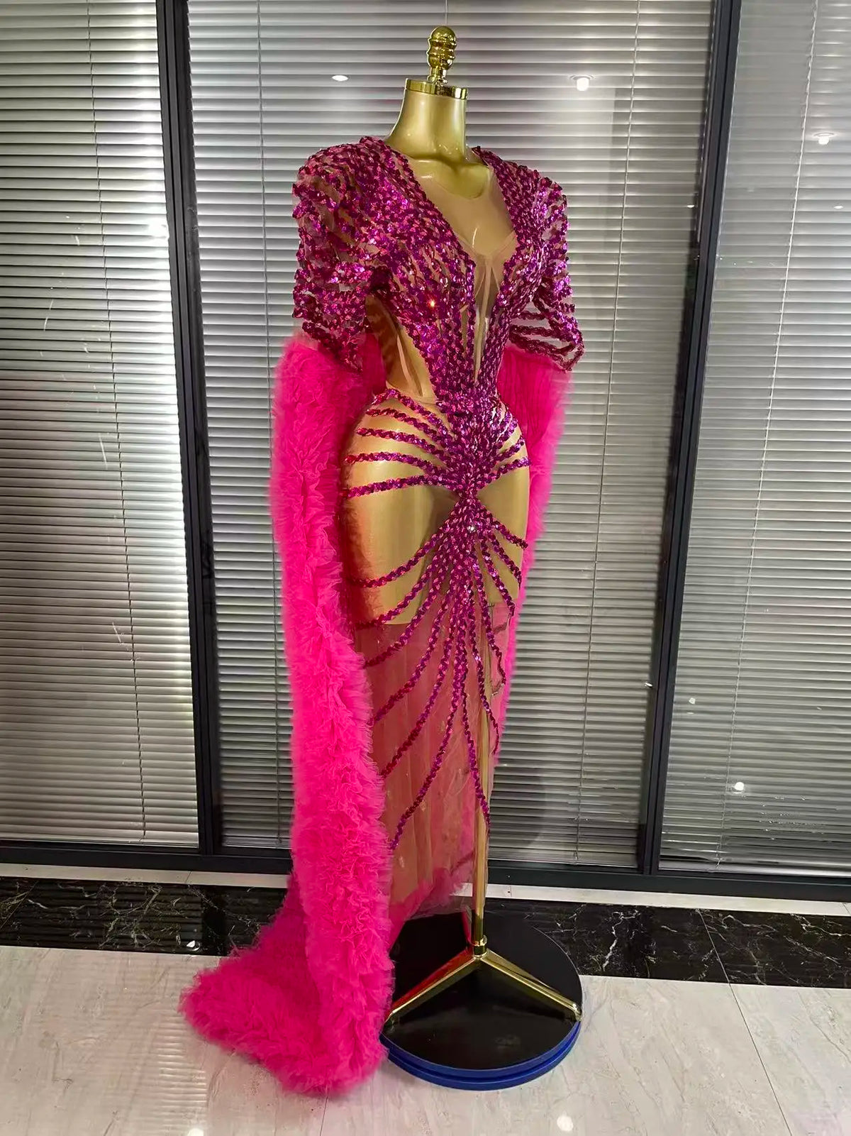 Women Cloak Sleeve Shining Sequins Mesh Ruffles Long Loose Dress Celebrate Performance Costumes Stage Wear