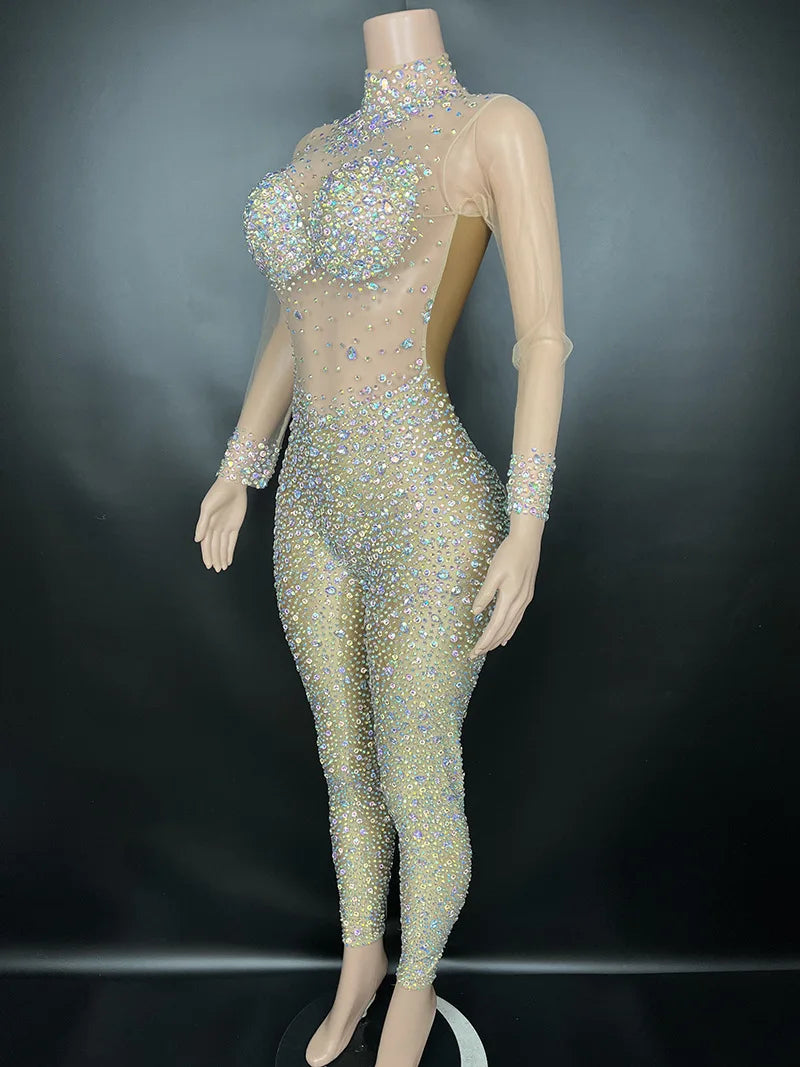 Women's Rhinestone Mesh Jumpsuit | Sheer Party & Stage Outfit