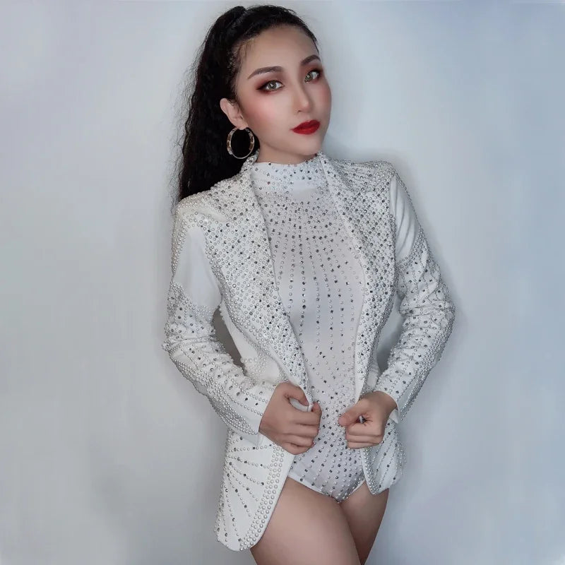 Rhinestone Bodysuit & Coat Set - Women's White Nightclub Dance Costume for Rave, Stage & Gogo Performance