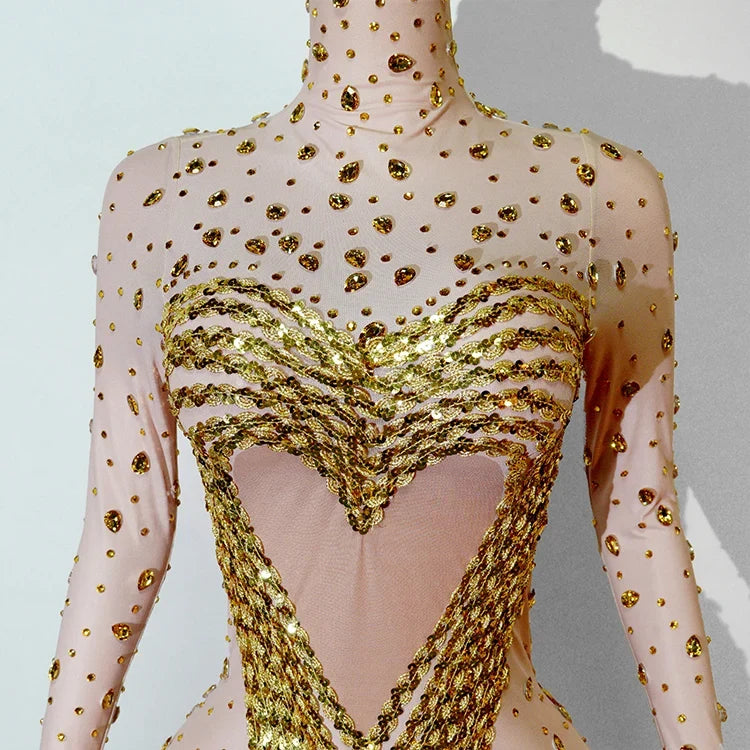 Crystal Rhinestone Mesh Long Sleeve Vintage Inspired Dress with Sequins and Skirt