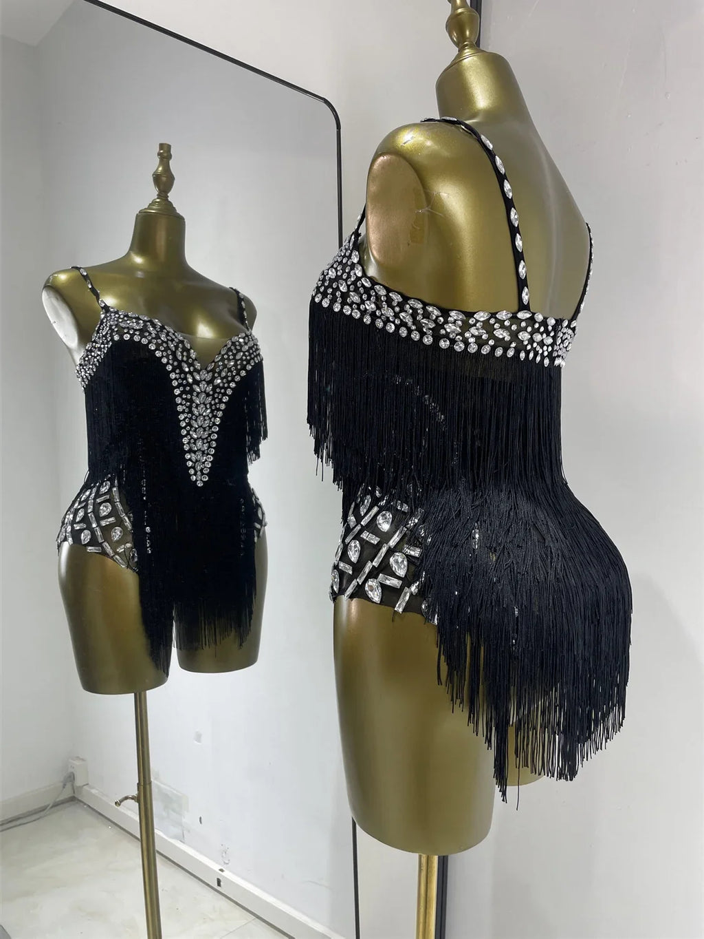 Women Black Bright Rhinestones Tassel Stretchy Mesh Thigh High Leotard Pole Dance Costumes Evening Party Club DJ Gogo Dress