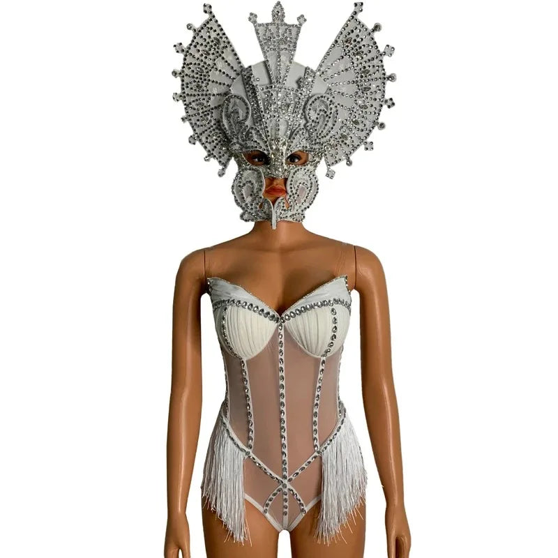 Rhinestone Fringe Bodysuit & Headpiece Set – Sparkly Rave Outfit, Gogo Dancer & Jazz Dance Costume for Women