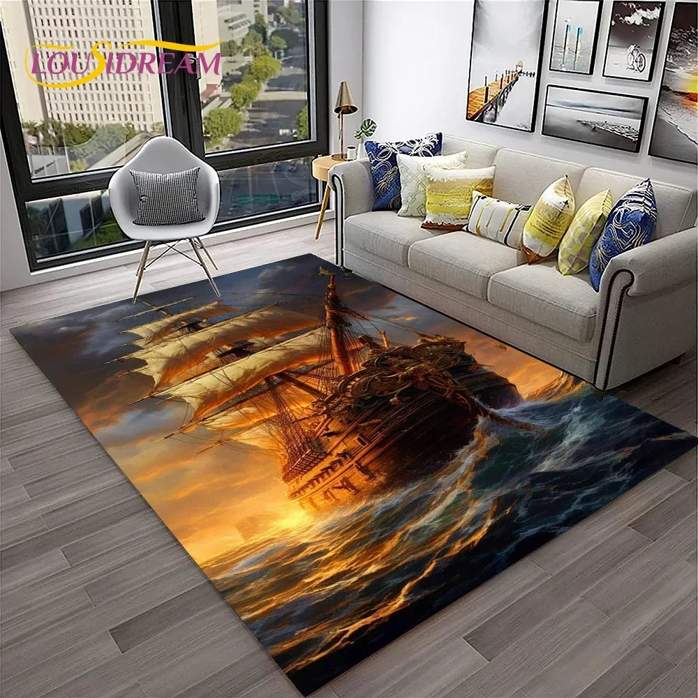 3D Pirate Ship Boat,Sailboat,Barque Carpet Rug for Home Living Room Bedroom Sofa Doormat Decor,kids Area Rug Non-slip Floor Mat
