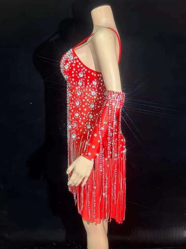 Women's Hot Stamping Fringe Suspender Jumpsuit | Sexy Stage Costume in Red & Black