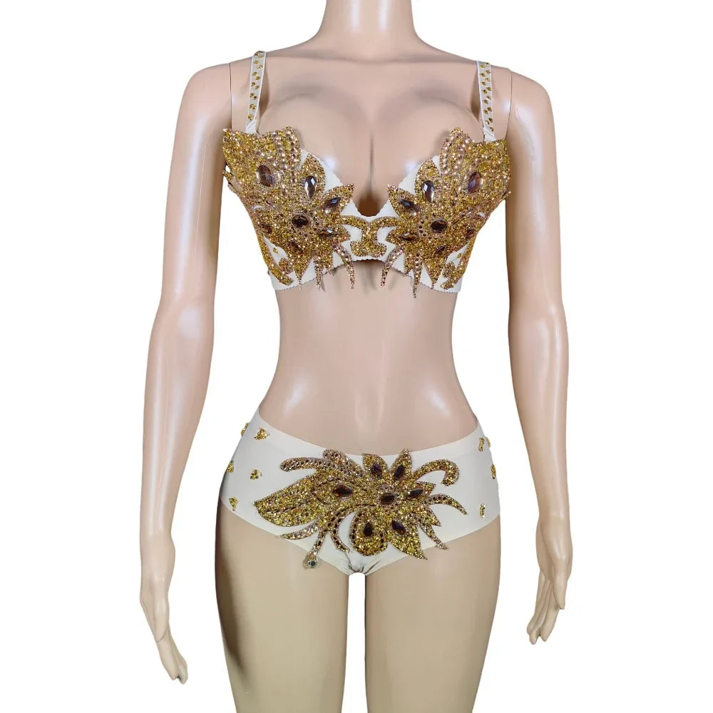 Sexy Golden Rhinestone Bikini Set – Women's Pole Dance, GoGo & Nightclub Stage Costume