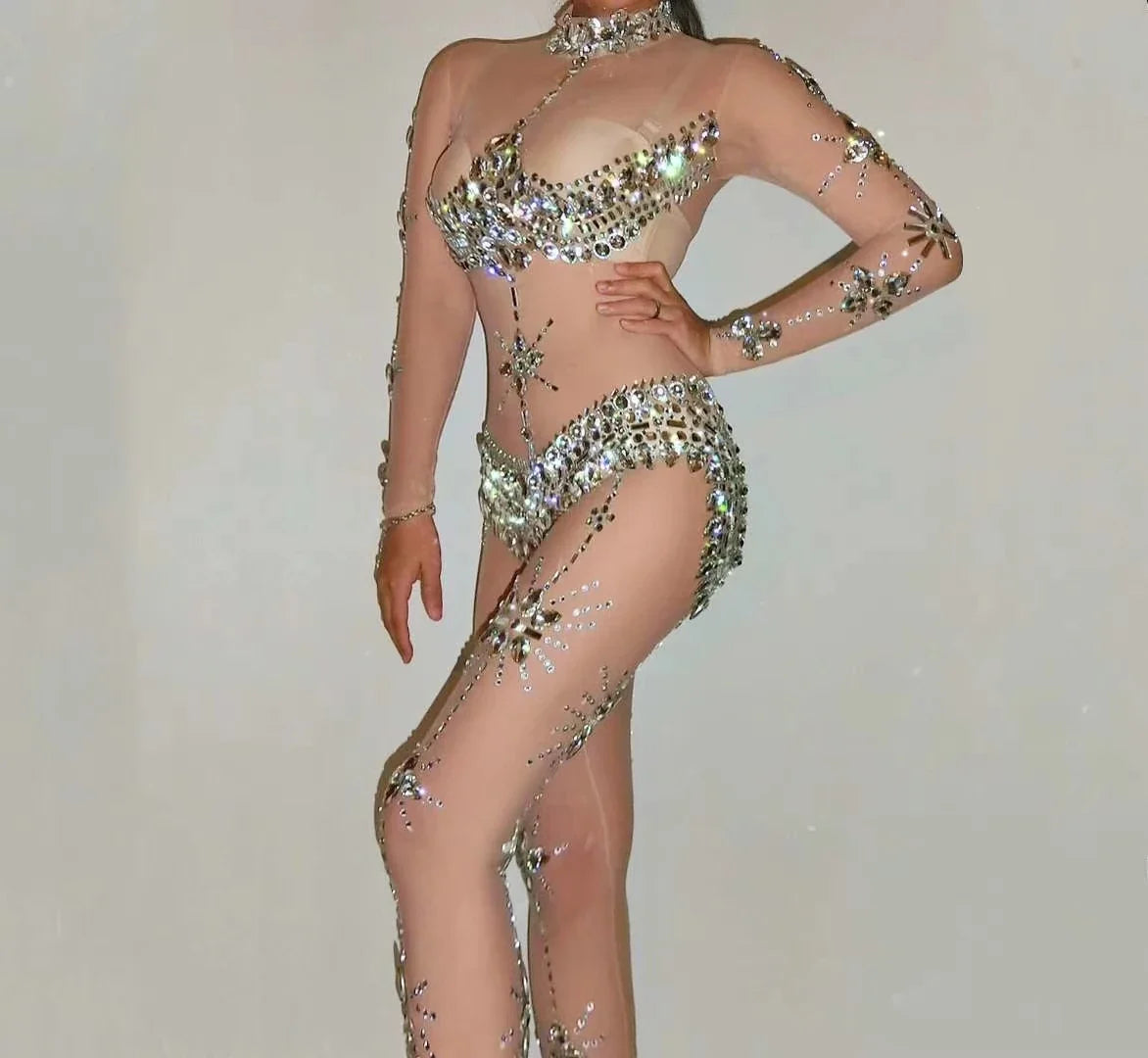 Crystal Rhinestone Sheer Jumpsuit – Stretch Sparkly Bodysuit for Stage, Dance, Drag & Party
