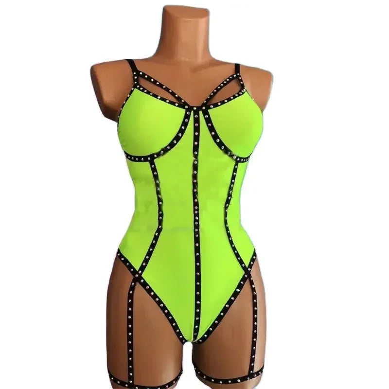 Women's Pole Dance Bodysuit | Gogo Rave & Stage Costume in Green or Rose Red