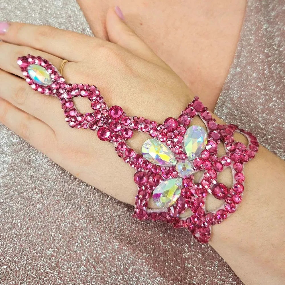 Rhinestone Crystal Cuff Bracelet with Hand Chain Ring – Ballroom & Latin Dance Jewelry for Women