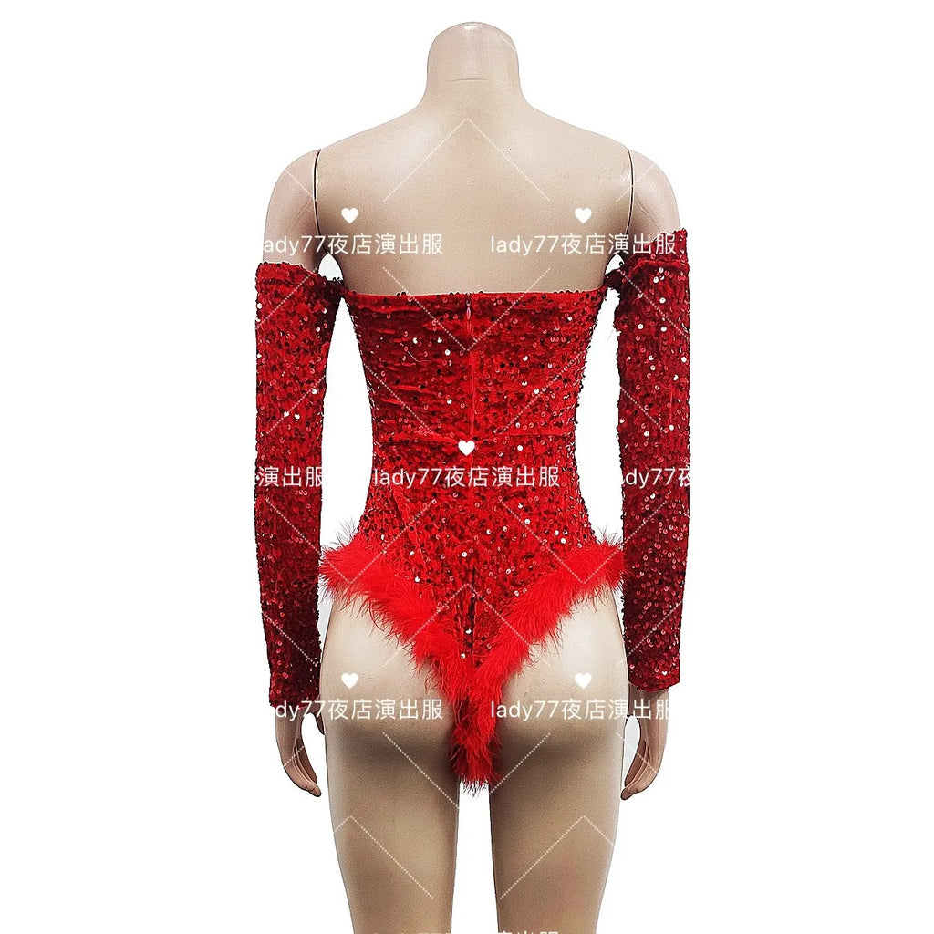 Sequin Feather Bodysuit Dress – High-Slit Gogo Dance & Nightclub Costume