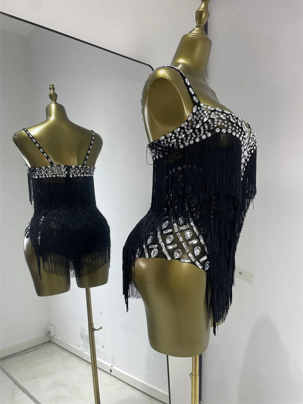 Women Black Bright Rhinestones Tassel Stretchy Mesh Thigh High Leotard Pole Dance Costumes Evening Party Club DJ Gogo Dress