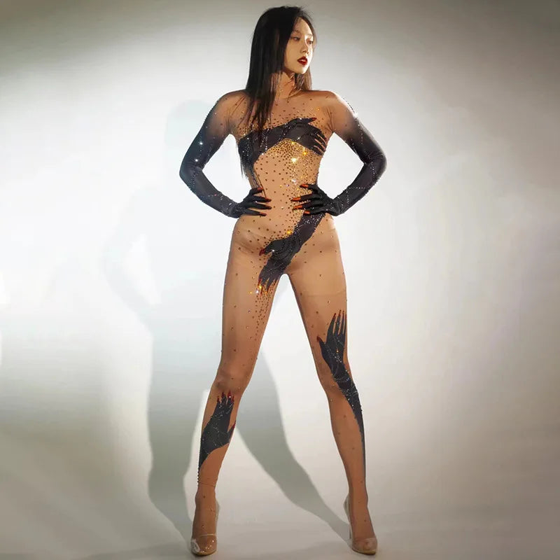 Sparkly Rhinestone Stretchy Jumpsuit with Long Sleeve Gloves – Women's Tights Singer & Dancer Stage Performance Costume