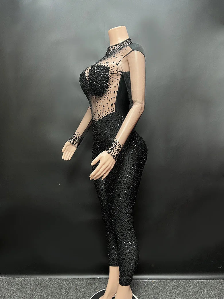 Women's Rhinestone Mesh Jumpsuit | Sheer Party & Stage Outfit