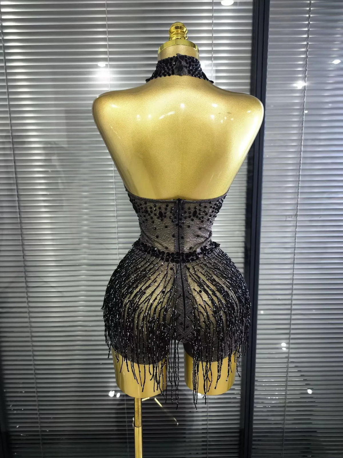 Women Sexy Mesh See Through Shining Sequins Tassels Bodycon Bodysuit Nightclub Party Celebrate Performance Costumes
