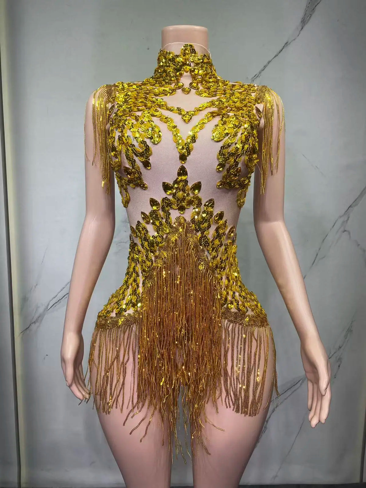 Sheer Mesh Rhinestone Performance Bodysuit for Women