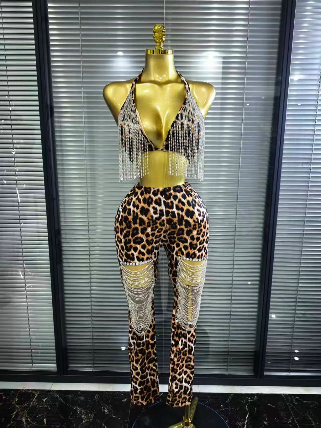 Women's Leopard Print Diamond Chain 2-Piece Bodycon Set | Slim Sequin Outfit for Nightclub & Stage