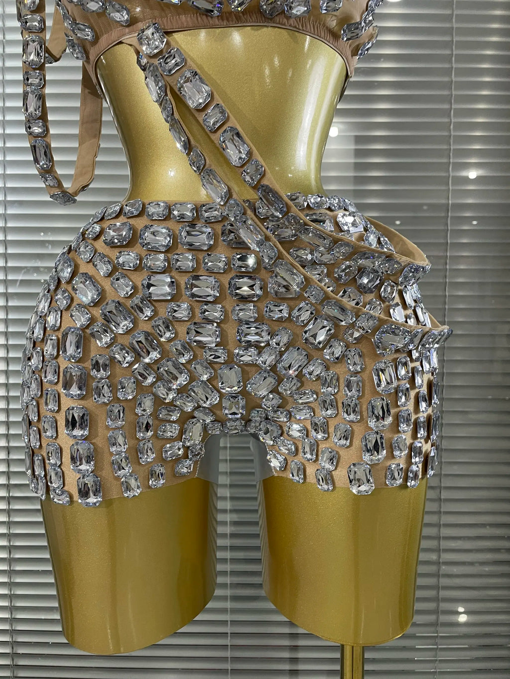 Silver Crystal Perspective Two Pieces Costume Set Performance Dancer Singer Nightclub Women's Outfit