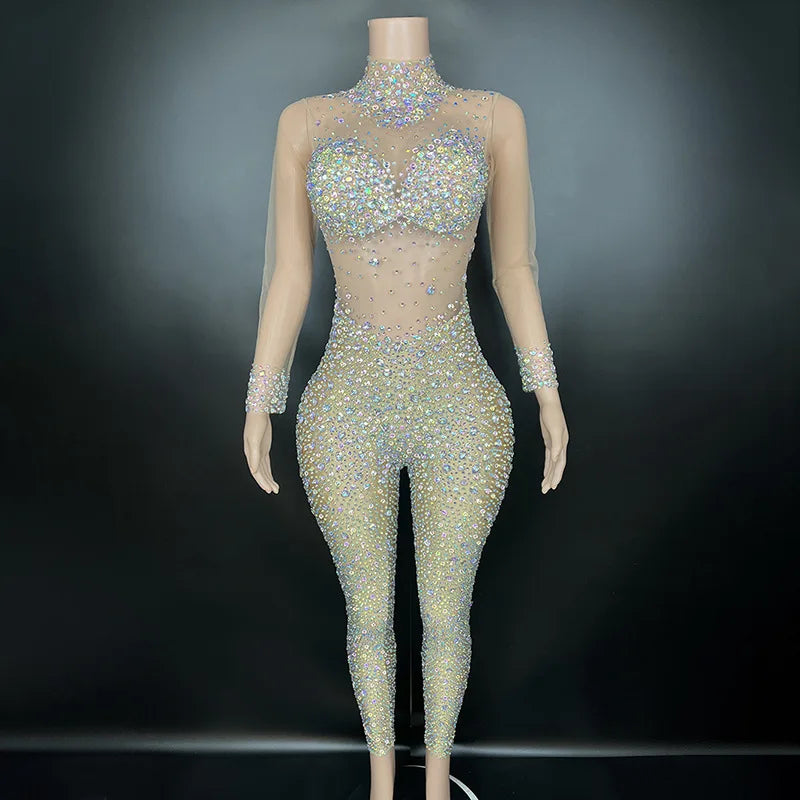 Women's Rhinestone Mesh Jumpsuit | Sheer Party & Stage Outfit