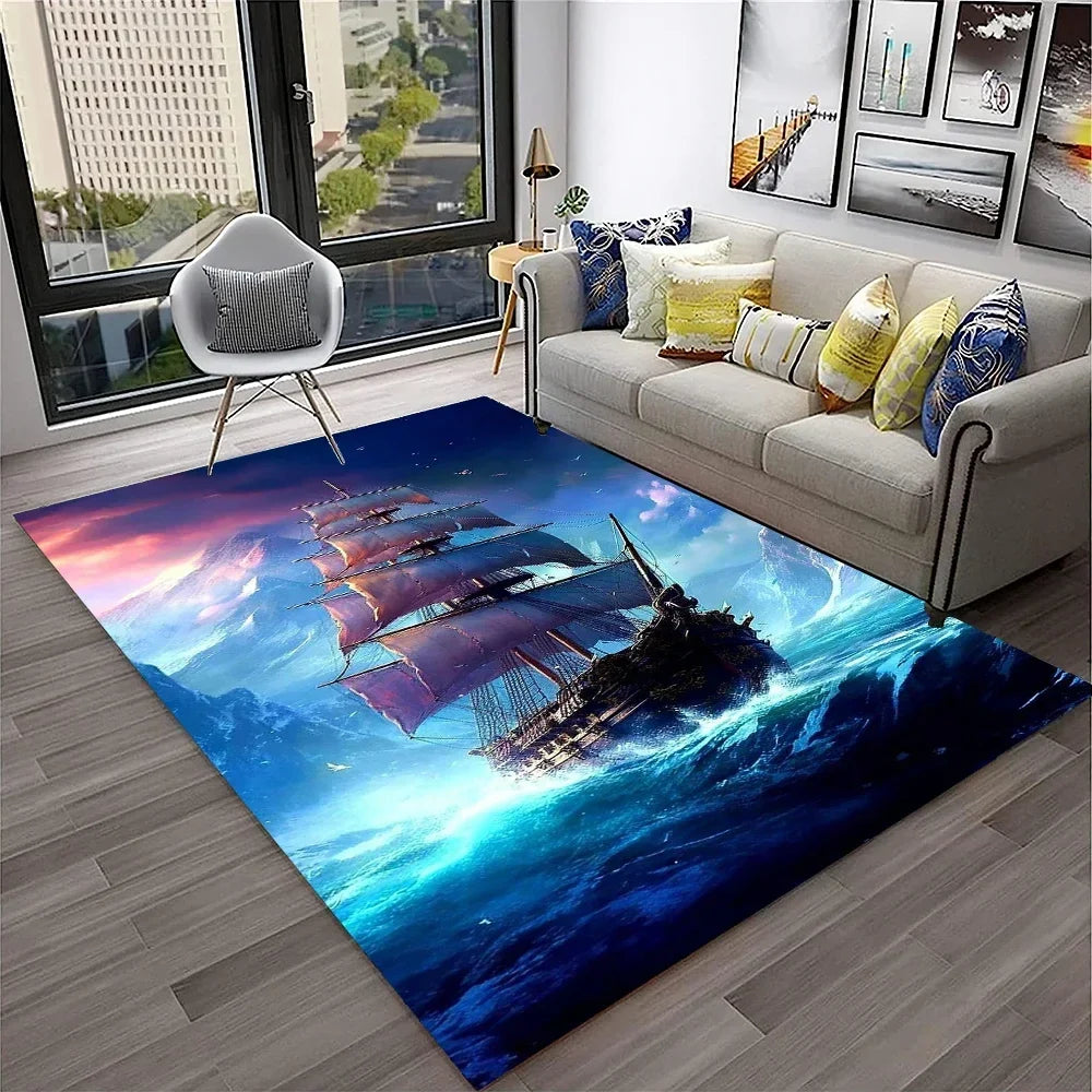 3D Pirate Ship Boat,Sailboat,Barque Carpet Rug for Home Living Room Bedroom Sofa Doormat Decor,kids Area Rug Non-slip Floor Mat