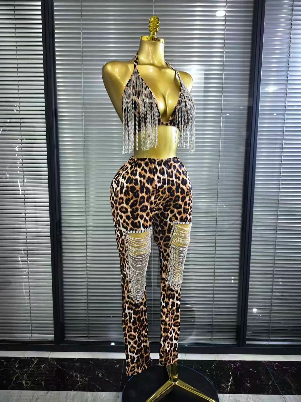 Women's Leopard Print Diamond Chain 2-Piece Bodycon Set | Slim Sequin Outfit for Nightclub & Stage