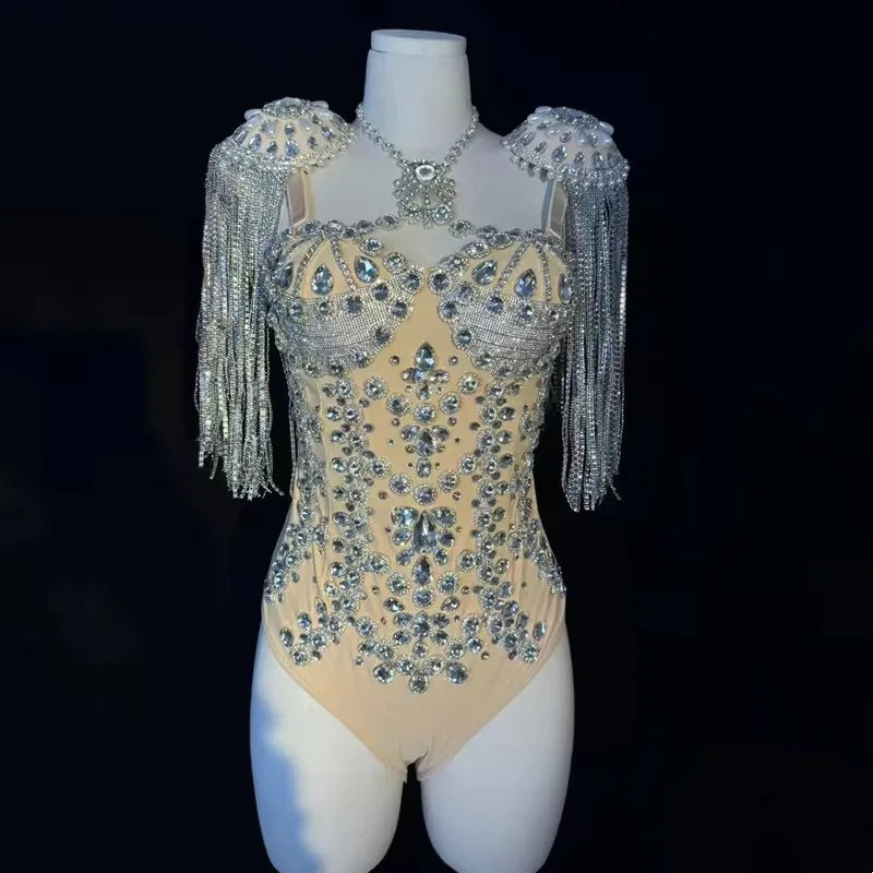 Women's Rhinestone Tassel Dance Bodysuit | Stage Performance Costume