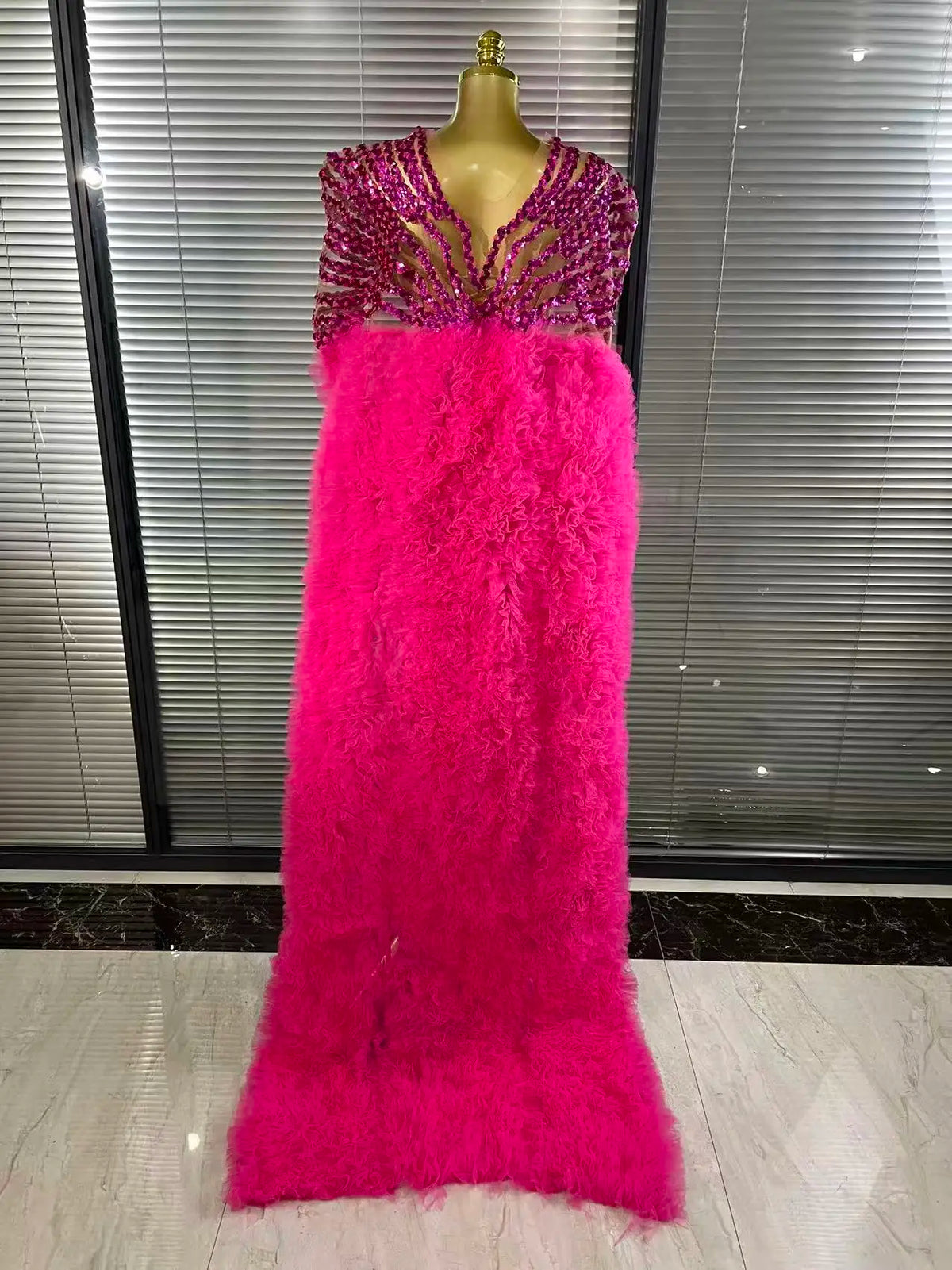 Women Cloak Sleeve Shining Sequins Mesh Ruffles Long Loose Dress Celebrate Performance Costumes Stage Wear