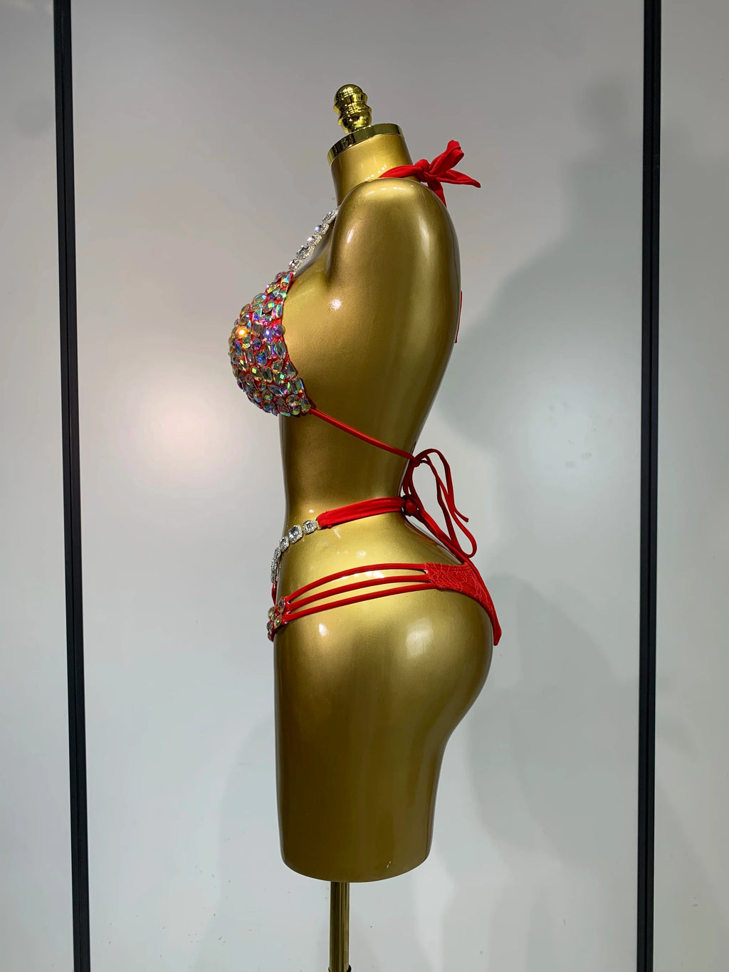 Women Crystal Rhinestone Halter Bikini Stage Performance Costume Set
