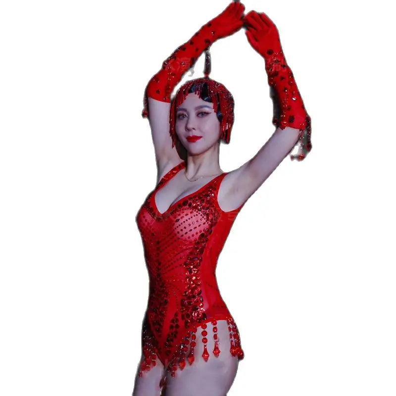 Women's Red Rhinestone Bodysuit & Gloves Dance Costume