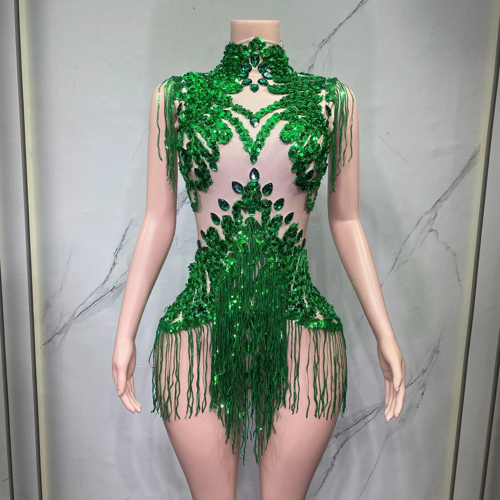 Sheer Mesh Rhinestone Performance Bodysuit for Women