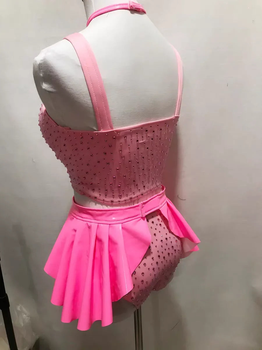 Pink Stage Dance Bodysuit with Flared Hip Panels | Performance Costume