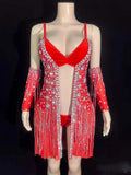 Women's Hot Stamping Fringe Suspender Jumpsuit | Sexy Stage Costume in Red & Black