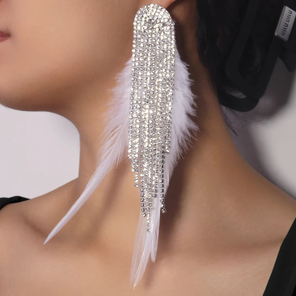 Boho Tassel Feather Drop Earrings – Crystal Dangle Earrings for Women, Gold or Silver Plated Bridal & Wedding Jewelry