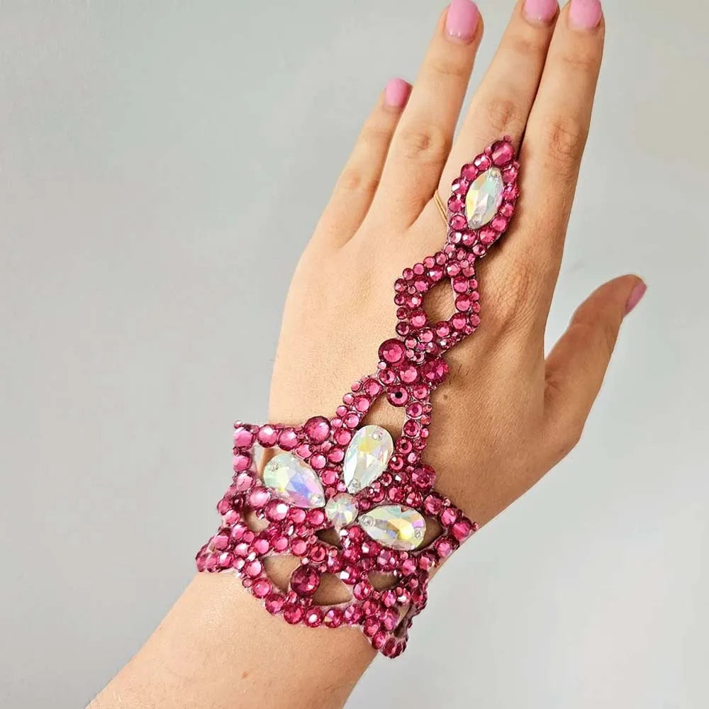Rhinestone Crystal Cuff Bracelet with Hand Chain Ring – Ballroom & Latin Dance Jewelry for Women