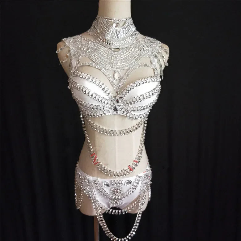 Women's Rhinestone Bikini & Long Trailing Skirt Set | Singer Host Stage Costume for Catwalk & Performance