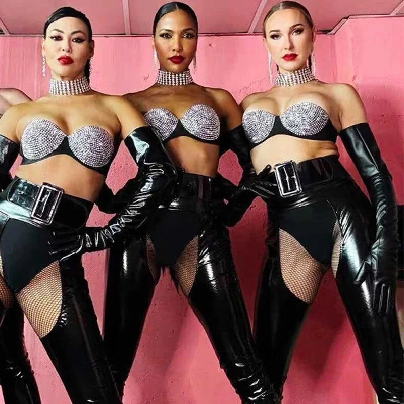 Women's Rhinestone Gogo Dance Costume Set with Cutout Pants
