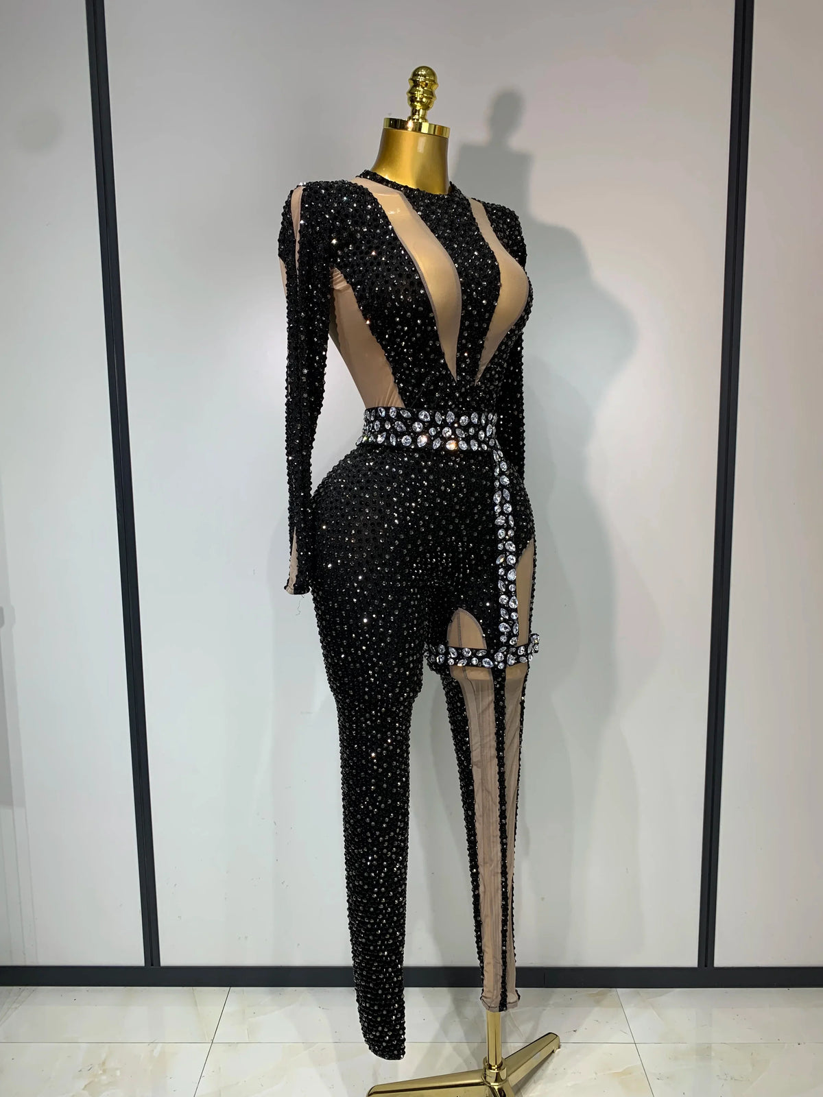 Sexy Sparkly Diamond Black Long Sleeves Bodycon Mesh Jumpsuit Evening Party Nightclub Bar Singer Performance Stage Costume