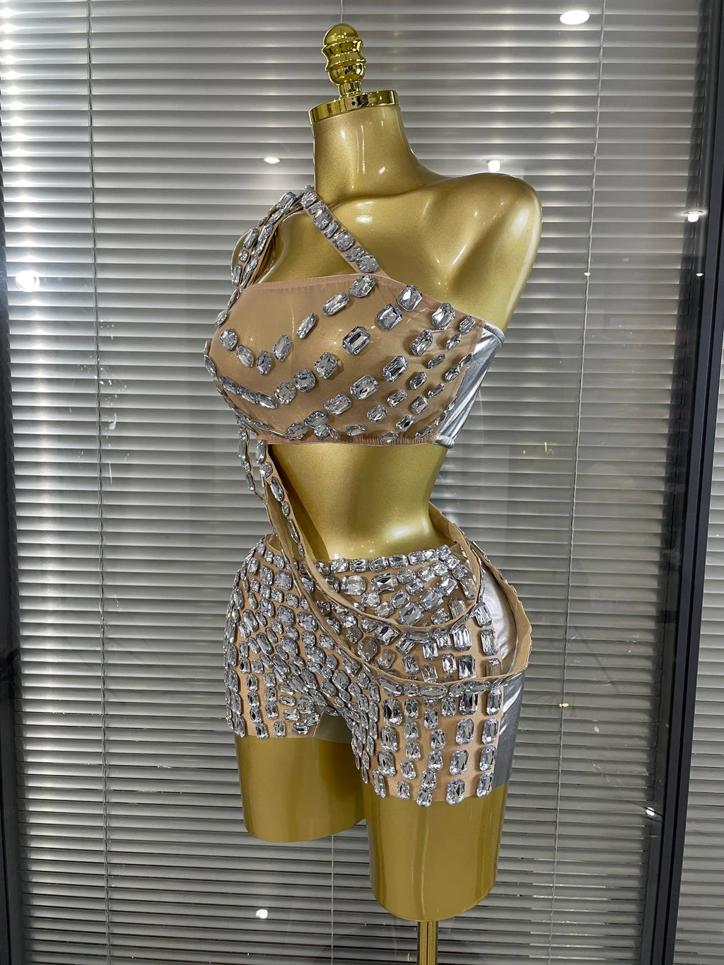 Silver Crystal Perspective Two Pieces Costume Set Performance Dancer Singer Nightclub Women's Outfit