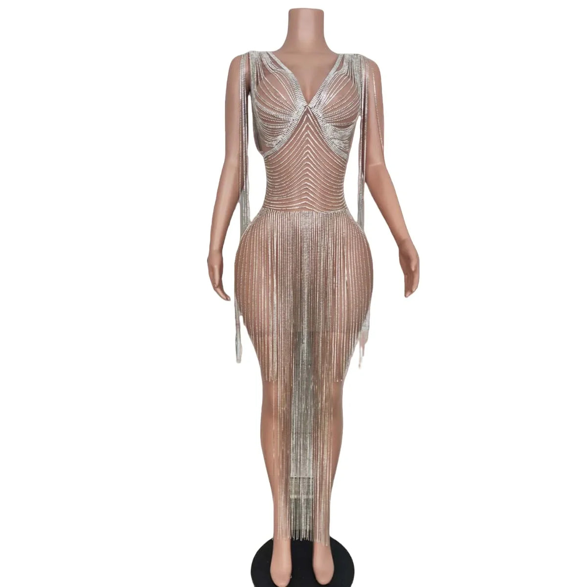 Sparkly Diamond Chain Sexy See-Through Evening Prom Dress – Women's Birthday Party Gown
