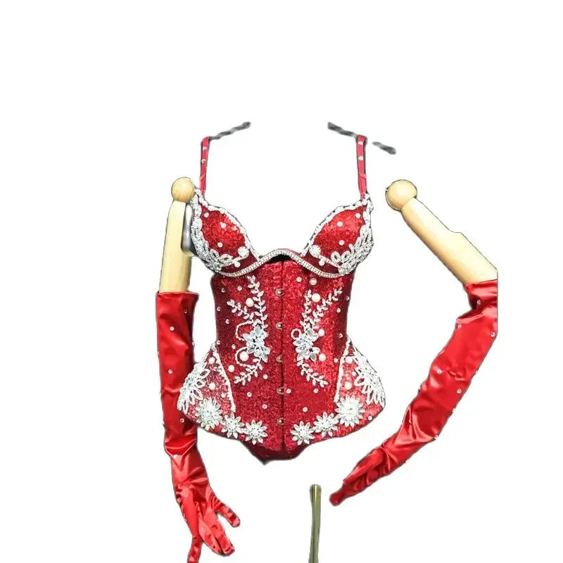 Red Rhinestone Bodysuit with Gloves | Women's Go-Go Dance & Rave Costume