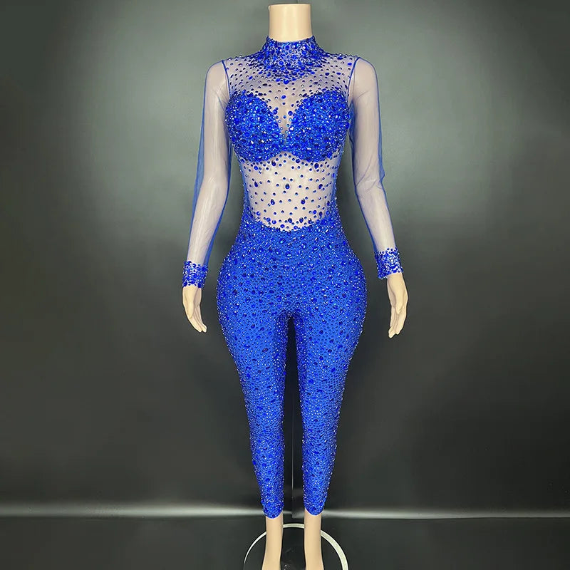 Women's Rhinestone Mesh Jumpsuit | Sheer Party & Stage Outfit