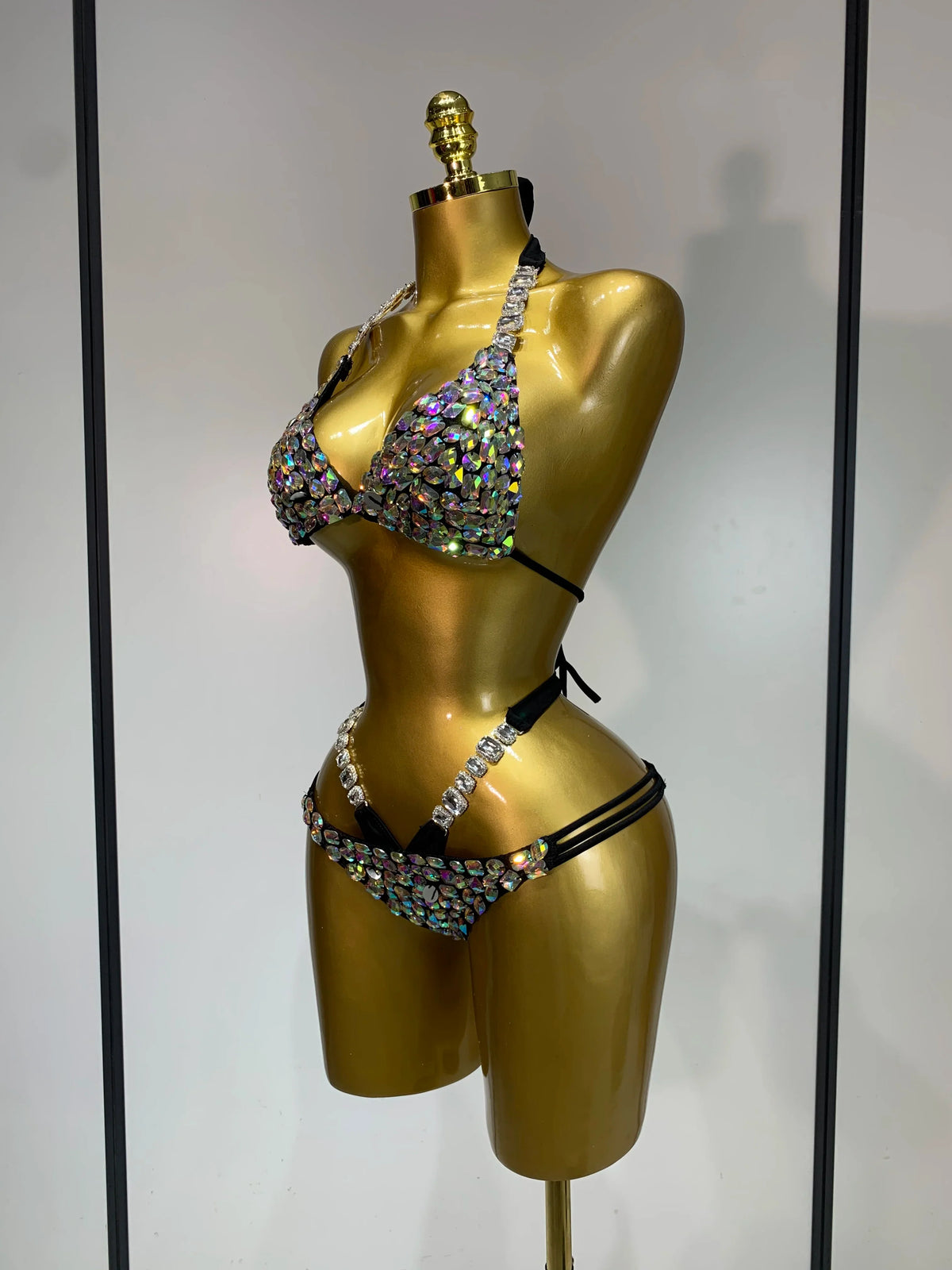 Women Crystal Rhinestone Halter Bikini Stage Performance Costume Set