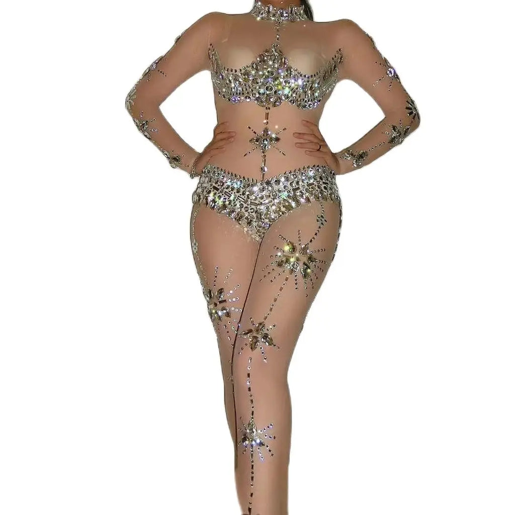 Crystal Rhinestone Sheer Jumpsuit – Stretch Sparkly Bodysuit for Stage, Dance, Drag & Party
