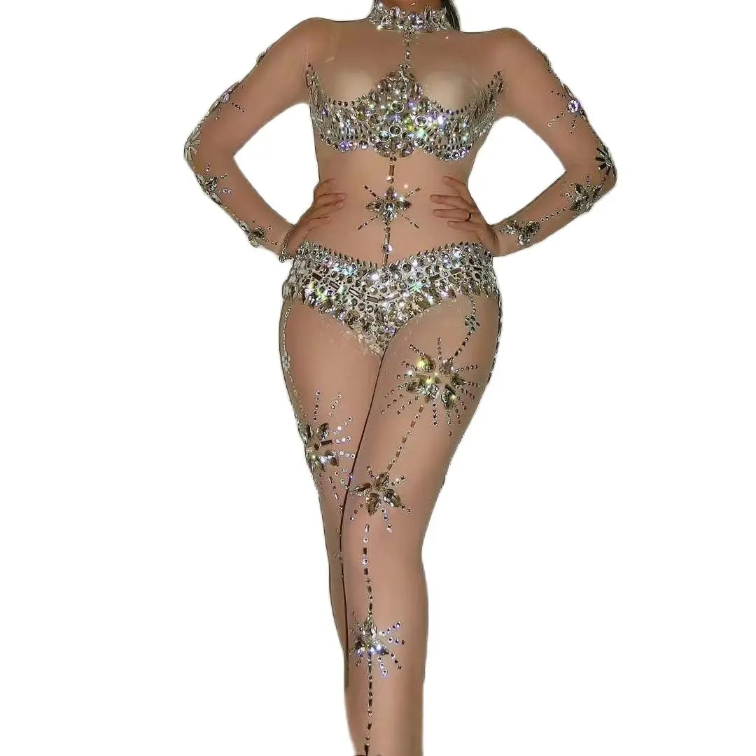 Crystal Rhinestone Sheer Jumpsuit – Stretch Sparkly Bodysuit for Stage, Dance, Drag & Party