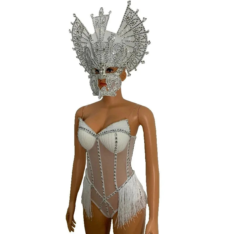 Rhinestone Fringe Bodysuit & Headpiece Set – Sparkly Rave Outfit, Gogo Dancer & Jazz Dance Costume for Women
