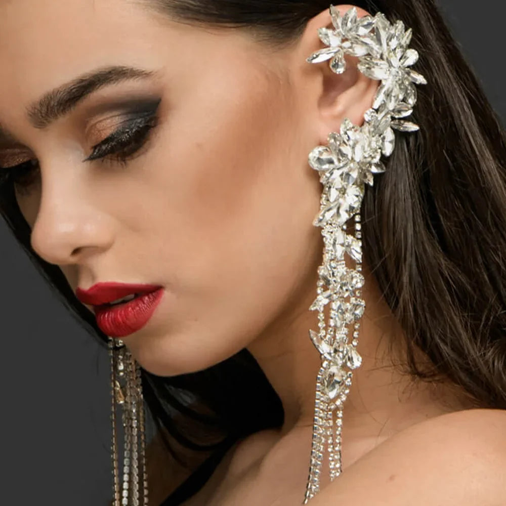 Geometric Tassel Ear Cuffs - No Piercing Clip-On Crystal Earrings for Women, Bridal & Party Jewelry