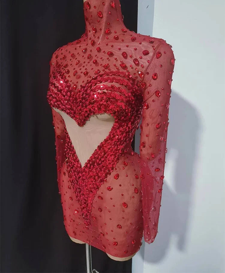 Crystal Rhinestone Mesh Long Sleeve Vintage Inspired Dress with Sequins and Skirt