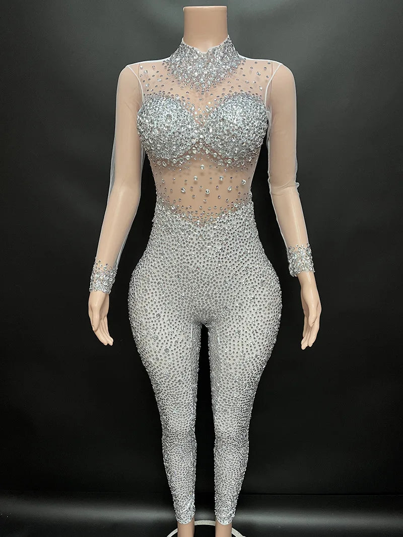 Women's Rhinestone Mesh Jumpsuit | Sheer Party & Stage Outfit