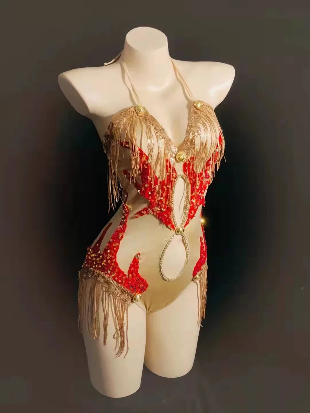 Sequin Fringe Halter Bodysuit – Sexy Hollow-Out Pole Dance & Rave Costume