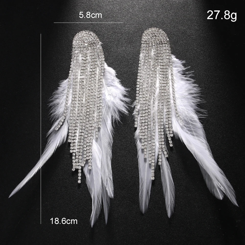 Boho Tassel Feather Drop Earrings – Crystal Dangle Earrings for Women, Gold or Silver Plated Bridal & Wedding Jewelry